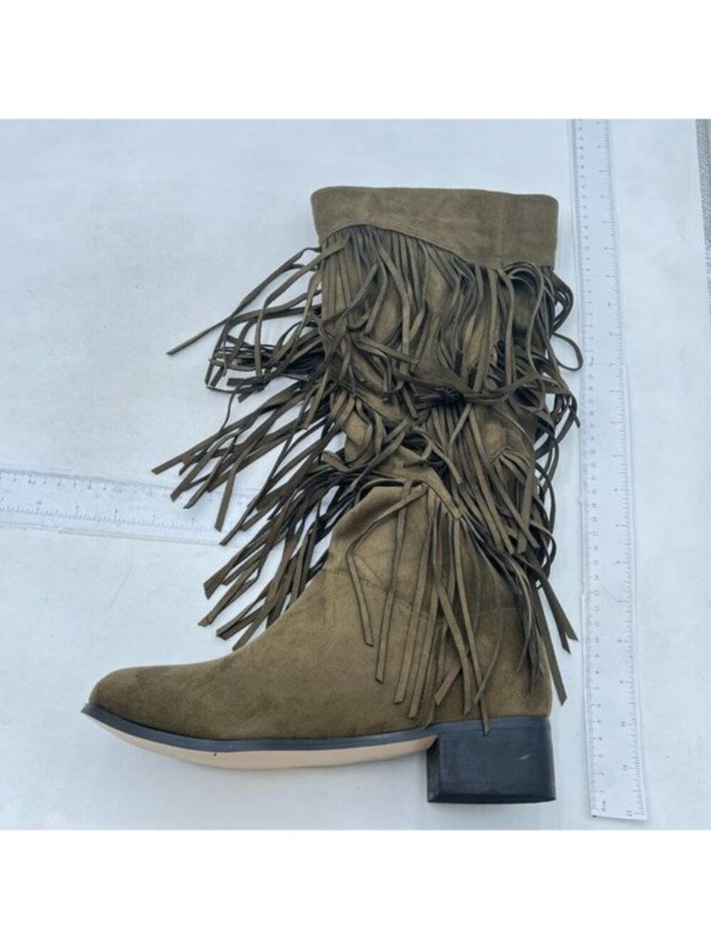 Olive Chic Fringes Knee High Riding Boots Round Toe Stacked Low Heels Suede Shoe